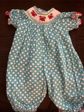 Cactus Turquoise Polka Dot Romper with Red Crab Accent